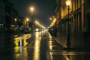 stad straat Bij regenachtig nacht weg en straatverlichting Bij nacht achtergrond. ai generatief pro foto