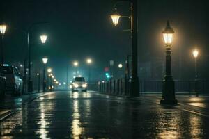 stad straat Bij regenachtig nacht weg en straatverlichting Bij nacht achtergrond. ai generatief pro foto