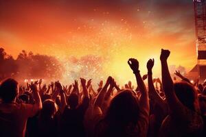 menigte juichen Bij een leven muziek- concert met handen verheven Bij zonsondergang, menigte verhogen hand- in de lucht en genieten van concert Aan een festival, ai gegenereerd foto
