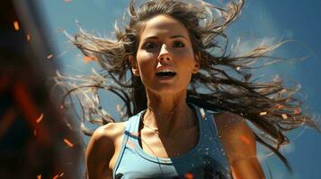 mooi jong vrouw atleet rennen met haar- vliegend foto