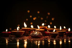 Indisch festival diwali, diya olie lampen lit Aan kleurrijk rangoli. Hindoe traditioneel. kopiëren ruimte voor tekst, diwali festival van lichten traditie diya olie lampen tegen donker achtergrond, ai gegenereerd foto