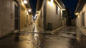 na de regen monotoon gebouwen Aan een leeg nacht 2 pad straat badend in helder lichten foto