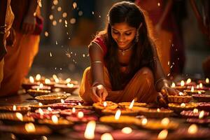 mooi Indisch vrouw verlichting diya gedurende diwali viering, diwali Hindoe festival van lichten viering, ai gegenereerd foto