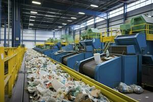 een modern fabriek voor sorteren en recycling huishouden verspilling en afval. groot industrieel complex van transportbanden, bunkers. foto