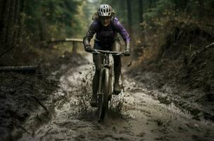 vrouw berg fietsen in platteland foto