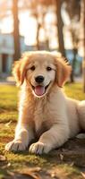 een gouden retriever hond is zittend Aan de gras ai generatief foto