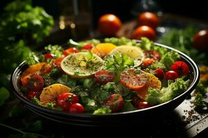 veganistisch salade schaal, vers en kleurrijk ingrediënten voor wereld veganistisch dag viering, gezond fijnproever keuken presentatie met heerlijk ingrediënten, ai-gegenereerd foto