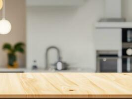 wit houten keuken tafel met modern aanrecht, 3d renderen foto