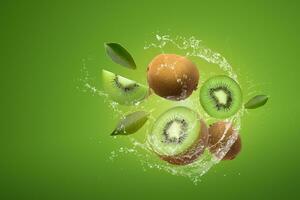 creatief lay-out gemaakt van gesneden van kiwi en water spatten Aan een groen achtergrond. foto