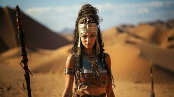 portret van een mooi Egyptische vrouw krijger in de midden- van de woestijn. foto