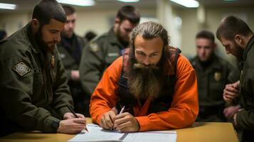 gevangenis tekens de amnestie document. officier gevangenis bewaker op zoek Bij hem. foto