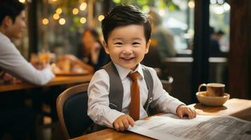 grappig Aziatisch baby baas zittend in cafe slijtage stropdas en lezen krant. foto