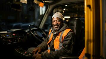 glimlachen Afrikaanse Amerikaans mannetje bestuurder het rijden een vrachtauto Bij nacht. foto