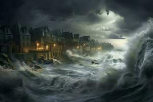 storm golven beslag de kust met haar vervaagd grootsheid stucwerk huizen Aan kust, ai gegenereerd foto