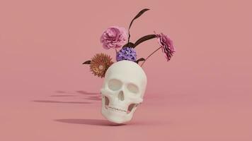 3d renderen voor dag van de dood, dia de Muertos altaar concept. samenstelling van schattig suiker schedels, podium en kleurrijk bloemen van de dood Aan roze achtergrond foto