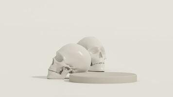 3d renderen voor dag van de dood, dia de Muertos altaar concept. samenstelling van schedels, podium van de dood Aan wit achtergrond foto
