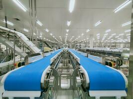 leeg transportband riem in productie lijn van voedsel verwerken fabriek. gevogelte verwerken industrie. rauw kip vlees productie lijn. gevogelte verwerken fabriek. automatisch machine in vleeskuikens vlees werkwijze. foto