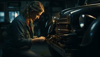 vrouw monteur repareren een wijnoogst auto generatief ai foto