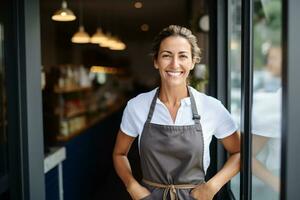 portret van vrouw ondernemer in koffie winkel. gelukkig serveerster in modieus cafe. glimlachen klein bedrijf baasje. zelfverzekerd barista. geslaagd vrouw ondernemerschap. serveerster Bij lokaal cafe. generatief ai foto