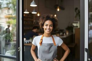 portret van jong vrouw ondernemers in een koffie winkel. gelukkig serveerster in een modieus cafe. glimlachen klein bedrijf baasje. zelfverzekerd barista. geslaagd vrouw ondernemerschap. lokaal cafe. generatief ai. foto