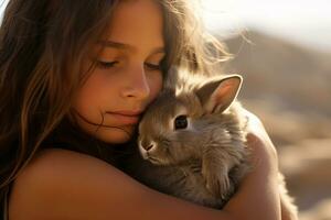 hartverwarmend verhouding tussen meisje en haar geliefde huisdier konijn. schattig dier. momenten van tederheid. meisje en haar konijn konijn delen momenten van liefde en vreugde. harig konijn metgezel. generatief ai. foto