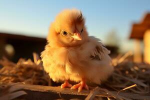 een baby kip is staand Aan een stapel van hooi generatief ai foto