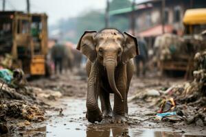 een baby olifant wandelen door een modderig straat generatief ai foto