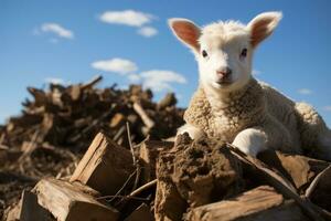 een baby lam zittend Aan top van een stapel van hout generatief ai foto