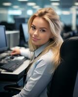 een mooi blond vrouw zittend Bij een bureau in voorkant van een computer generatief ai foto