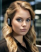 een mooi blond vrouw vervelend hoofdtelefoons in een kantoor generatief ai foto