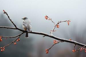 een vogel is zittend Aan een Afdeling in de regen generatief ai foto