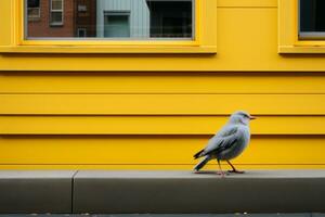 een vogel staand Aan een richel De volgende naar een geel gebouw generatief ai foto