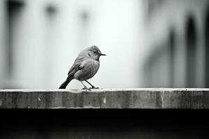 een zwart en wit foto van een vogel zittend Aan een richel generatief ai