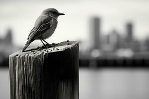 een zwart en wit foto van een vogel neergestreken Aan een houten post generatief ai