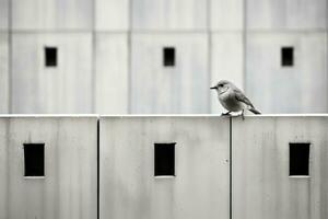 een zwart en wit foto van een vogel zittend Aan een richel generatief ai