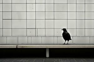 een zwart en wit foto van een vogel staand Aan een bank generatief ai