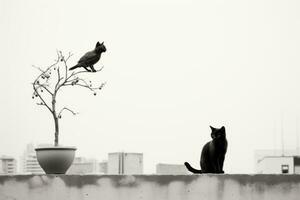 een zwart en wit foto van een kat en een boom generatief ai