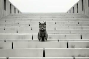 een zwart en wit foto van een kat zittend Aan sommige trap generatief ai