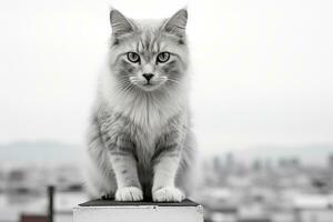een zwart en wit foto van een kat zittend Aan top van een gebouw generatief ai