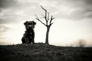 een zwart en wit foto van een hond zittend in voorkant van een boom generatief ai