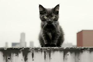 een zwart en wit foto van een katje zittend Aan een richel generatief ai