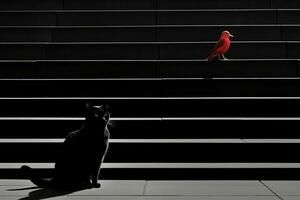 een zwart kat en een rood vogel zittend Aan sommige stappen generatief ai foto