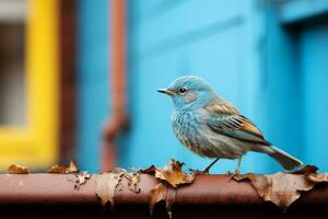 een blauw en grijs vogel zittend Aan top van een roestig pijp generatief ai foto