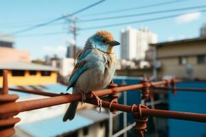 een blauw en wit vogel zittend Aan een draad generatief ai foto