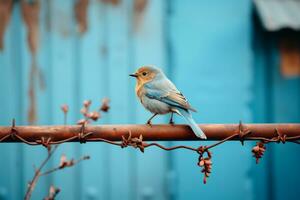 een blauw vogel zittend Aan een met weerhaken draad hek generatief ai foto