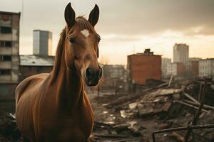 een bruin paard staand in voorkant van een gebouw generatief ai foto