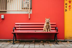 een kat zittend Aan een rood bank generatief ai foto