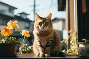 een kat zittend Aan een venster dorpel met geel bloemen generatief ai foto