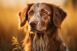 een dichtbij omhoog van een bruin en wit hond in een veld- generatief ai foto