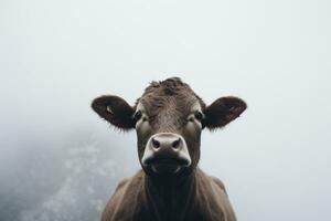een dichtbij omhoog van een koe op zoek Bij de camera generatief ai foto